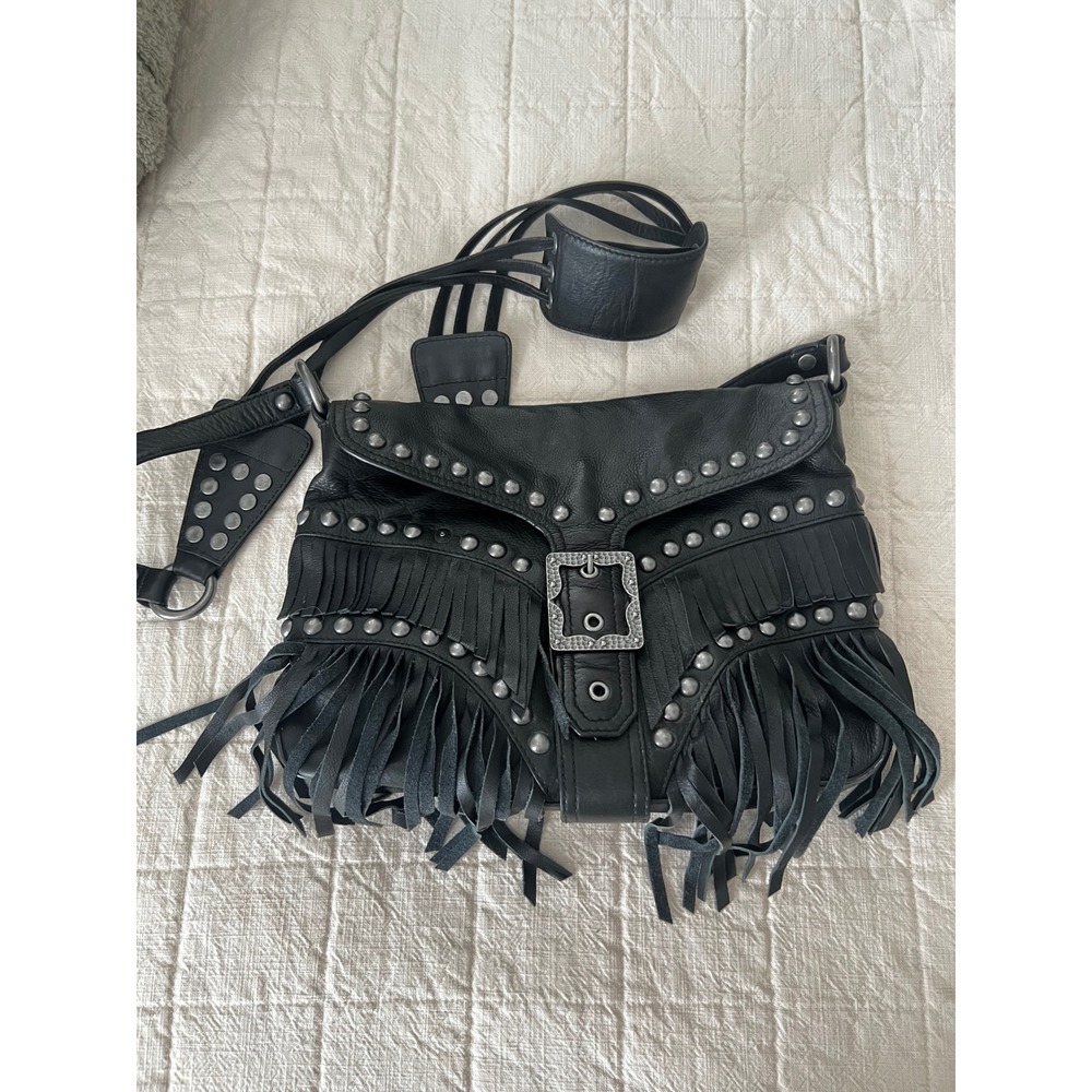 ASH Black Leather Fringe Studded Crossbody Bag Western Boho Buckle Messenger